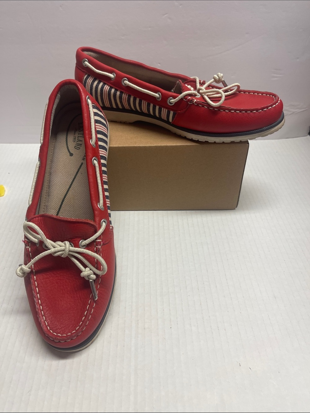 Red Nautical Boat Shoes with Striped Sides Patriotic 8 1/2 Medium Women’s